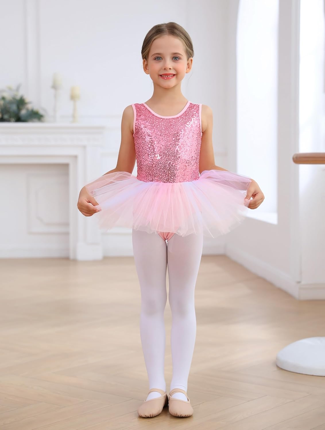 MdnMd Short Sleeve Glitter Dance Ballet Rainbow Tutu Leotard Ballerina Outfit for Girls Toddler - Image 4