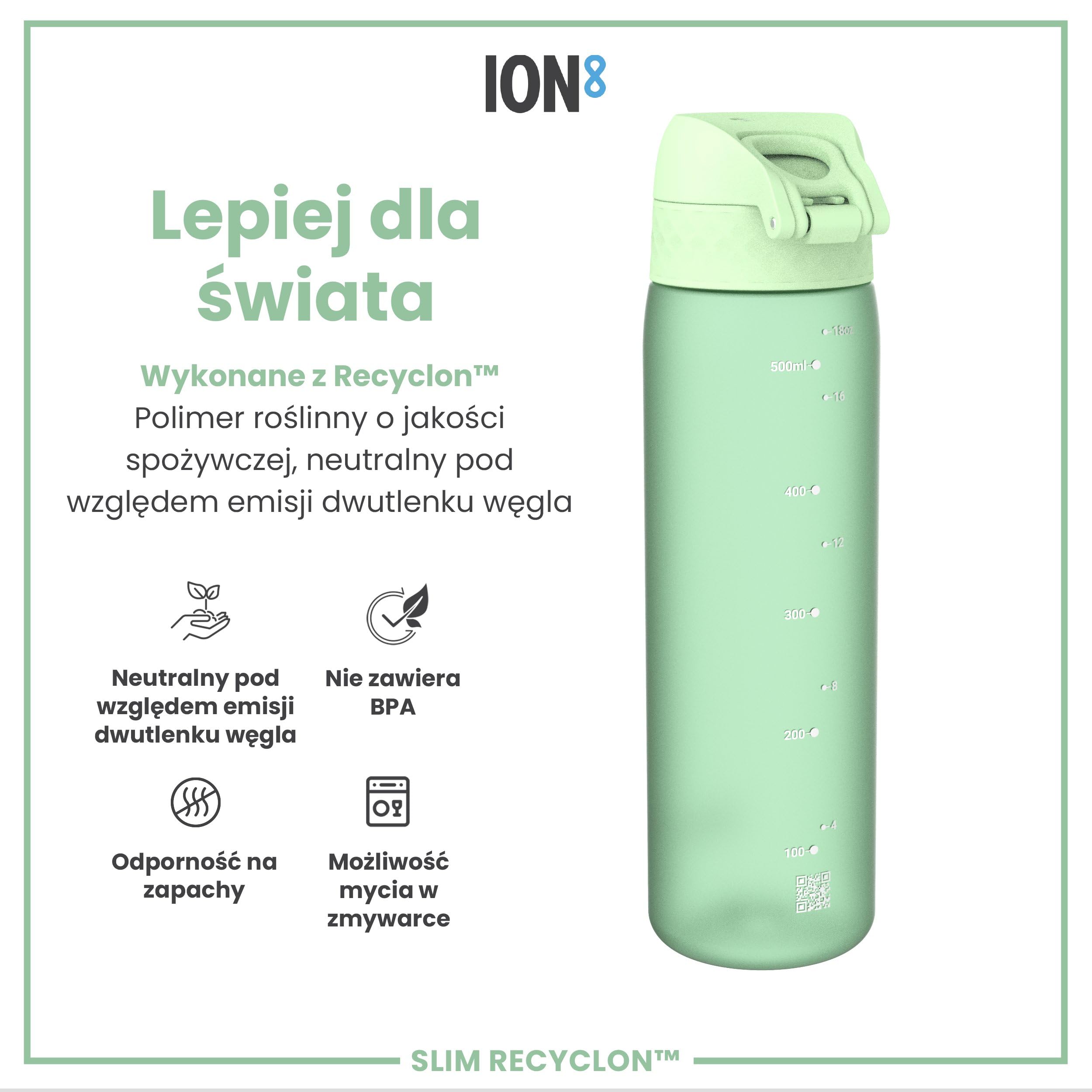 ION8 Butelka na Wodę, 500 ml/18 oz, Szczelna, Łatwe Otwieranie, Bezpieczny Zamek, Można Myć w Zmywarce, Bez BPA, Higieniczne Pokrycie, Uchwyt do Przenoszenia, Łatwa Czyszczenie, Bezwonny, Zielony Surf
