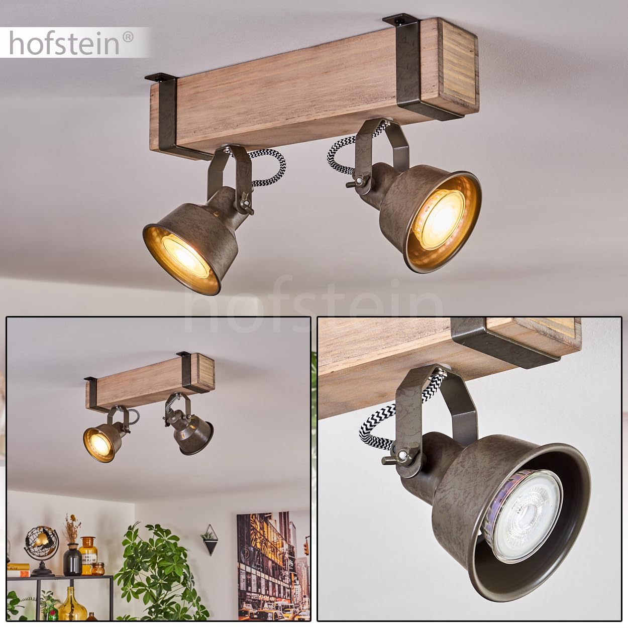 Plafonnier Pehefito de HOFSTEIN, plafonnier moderne en métal/bois vert-gris/naturel, plafonnier au design industriel avec abat-jour réglable, 2 ampoules, 2 x GU10 sans ampoules
