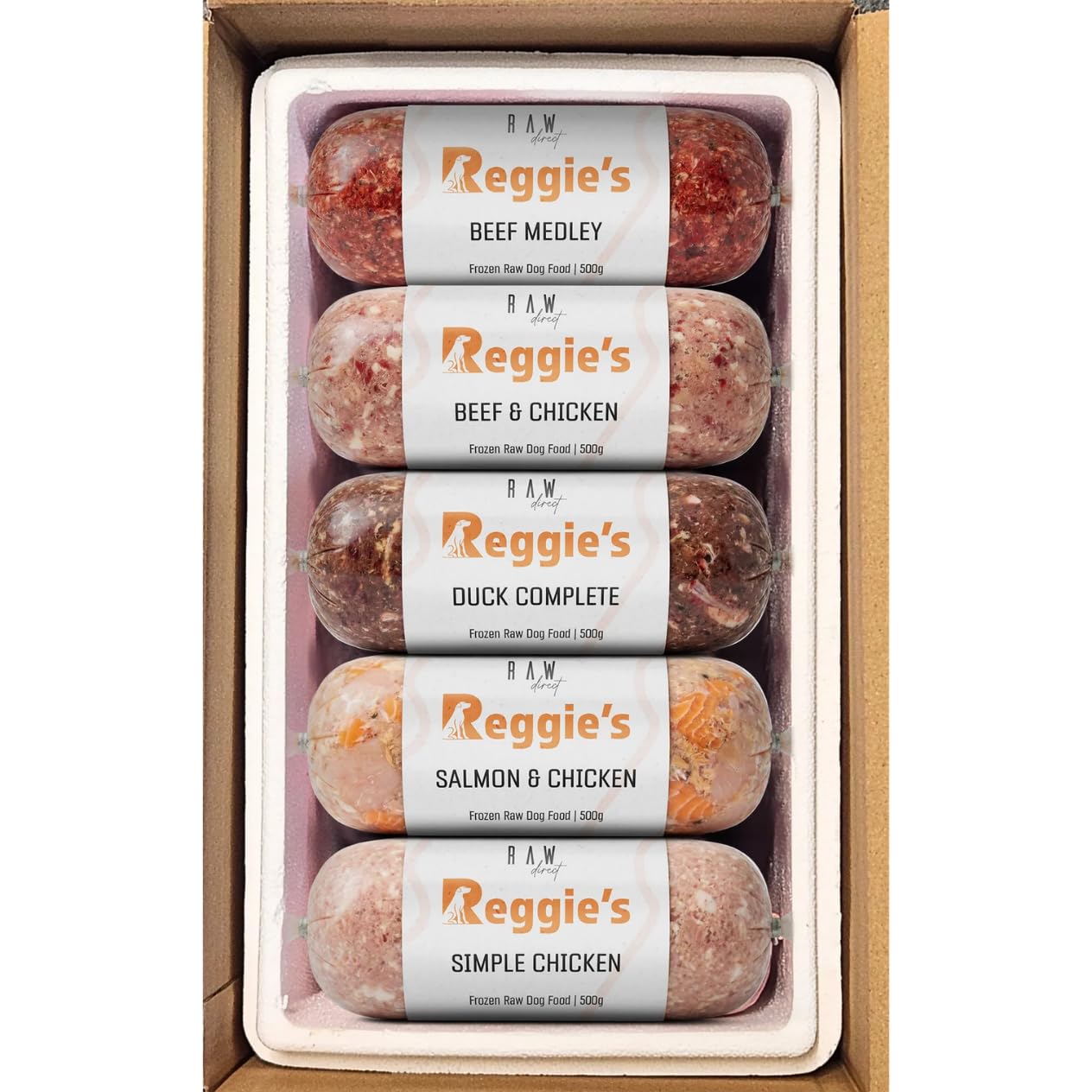 REGGIE'S Raw Frozen Dog Food 500g Rolls – Variety Mix Flavours Box of 10, 20 or 30 Chubs – Natural BARF Dog Food – High Protein, Grain Free Complete Diet for Dogs – Raw Direct (20 x 500G | 10KG)