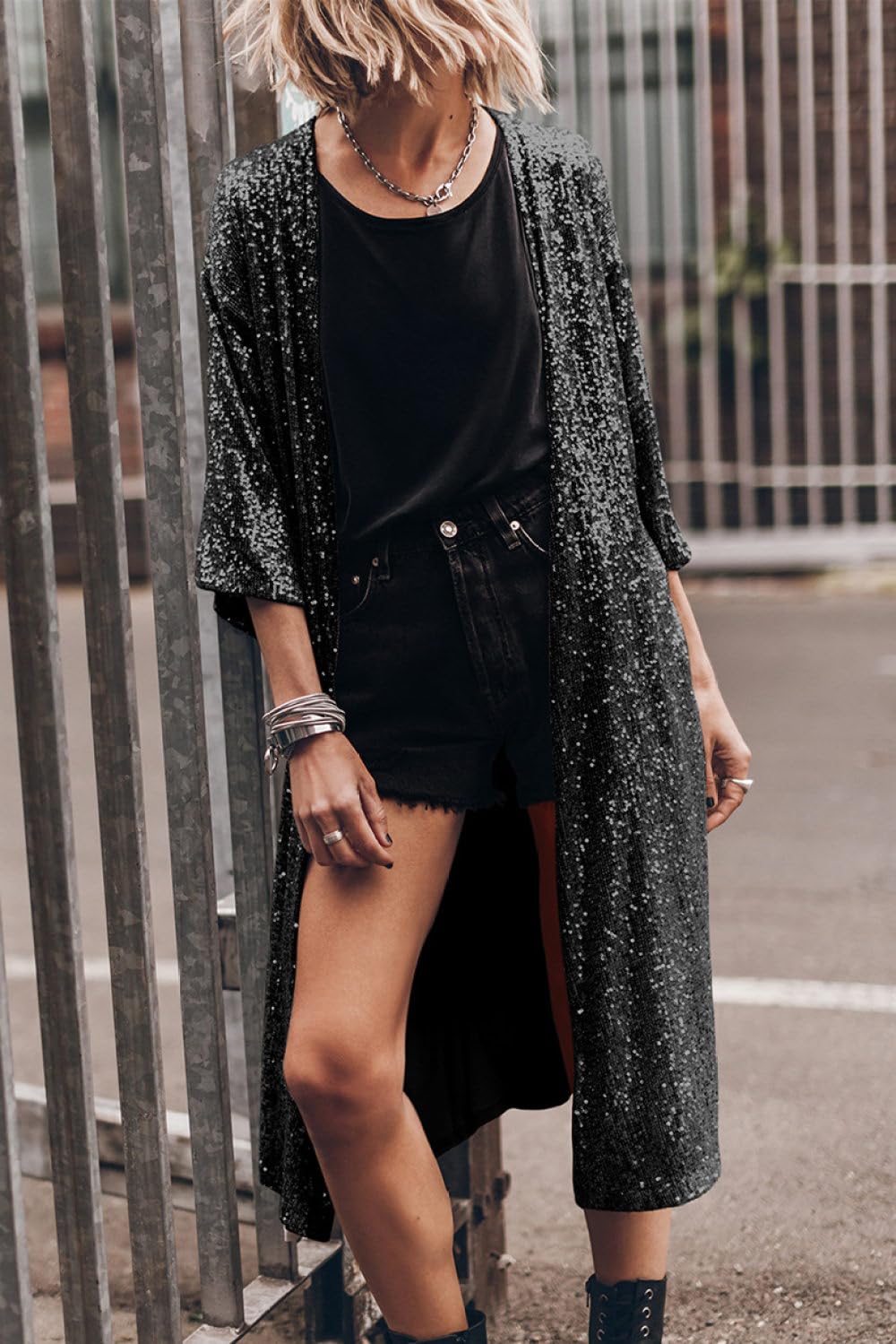 Damen Cardigan leicht glänzend mit Pailletten Kimono Cardigan lässig funkelnd vorne offen Schal Oberteil Art Deco Bolero Achselzucken Mantel Bikini Schalbluse