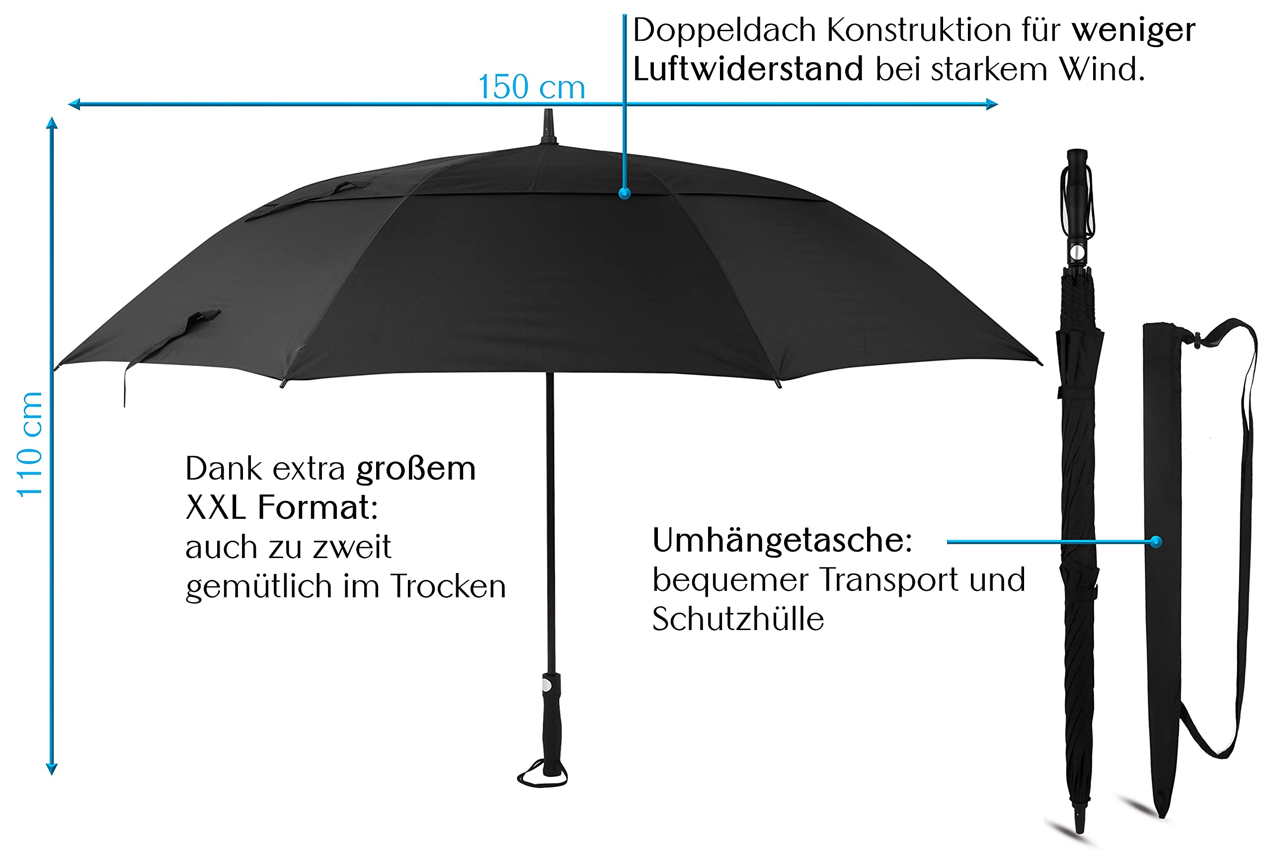 XXXL Regenschirm für 2 Personen Ø150 cm - Großer Golf Regenschirm Schwarz Sturmfest, Stabiler Griff, Ohne Aufdruck - Familienregenschirm