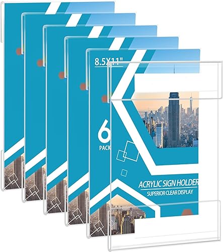 COYMOS Soporte acrílico para letreros de 8.5 x 11 pulgadas, 6 unidades con cinta adhesiva de doble cara, soporte de plástico transparente de