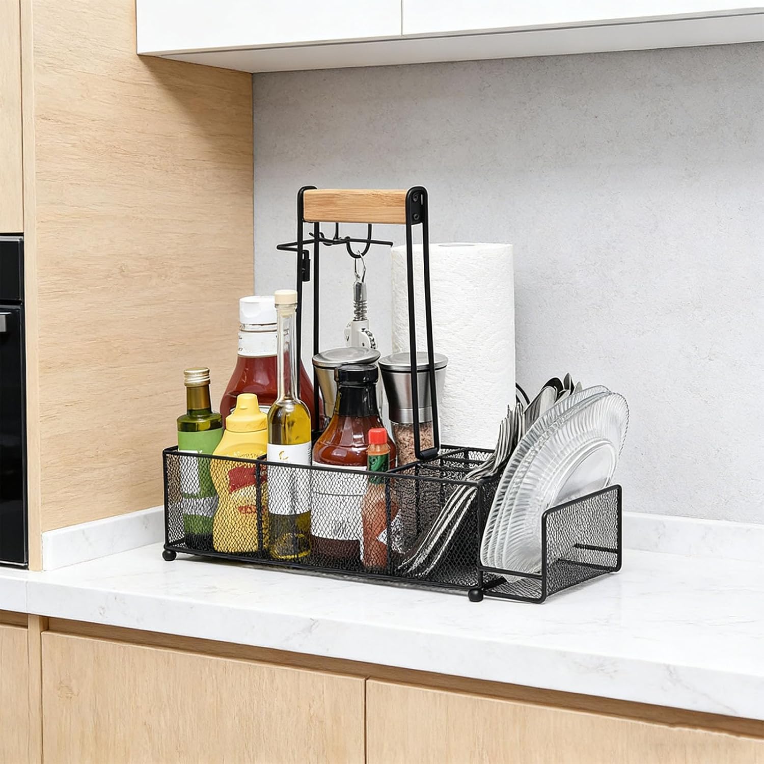 Outdoor Cooking Tray with Wooden Handles, Camping Storage Rack with 6 Compartments 2 Hooks Paper Holder, Ventilated Metal Backyard Serving Caddy for Grilling Picnic Patio