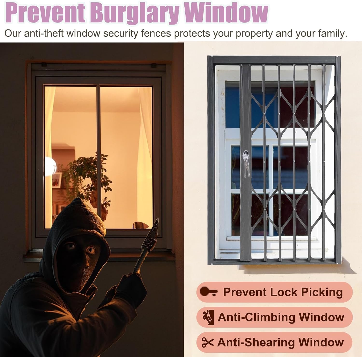 Adjustable Window Security Bars 20-32 Inch, Folding Sliding Burglar Guard with Safety Lock, Black Window Safety Protector for Loft & Shed (36x60 Inch)