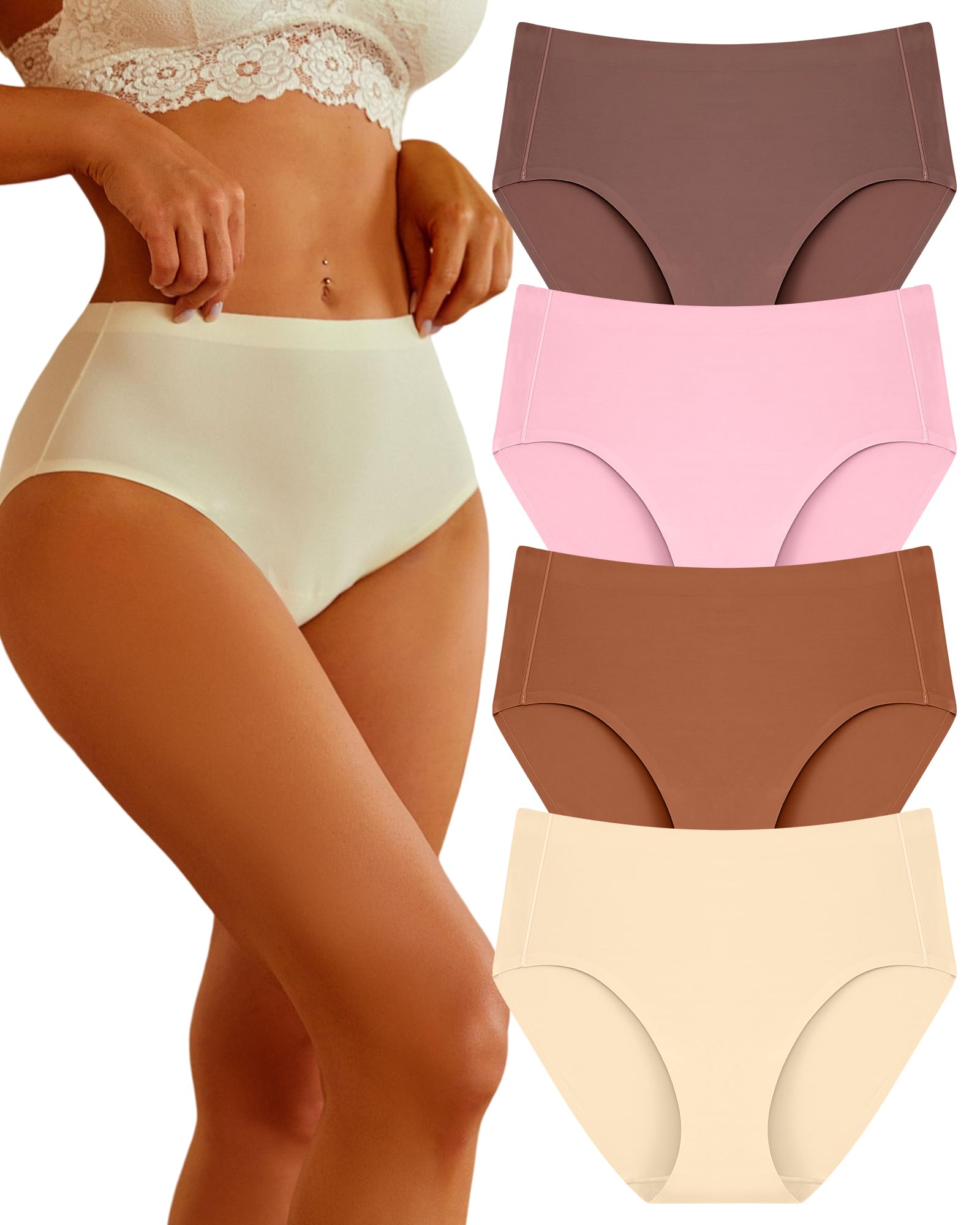 Sth Big High Waisted Underwear for Women Lightweight No Show Panties Comfortable Full Coverage Briefs Seamless 4 Pack