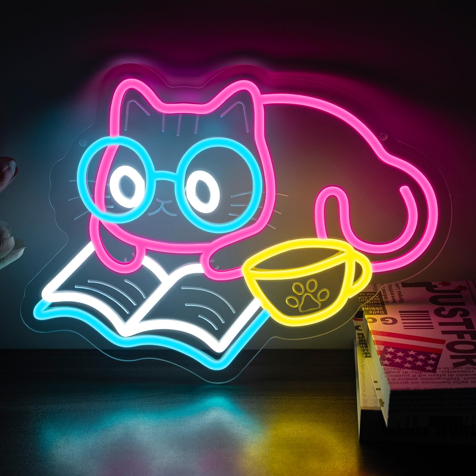 Neonowy znak do czytania książki z kotem, uroczy kot, neonowe światło do księgarni, biblioteki, klasy, sypialni, dekoracja ścienna, ściemniany przez USB, znak LED, prezent urodzinowy, dla