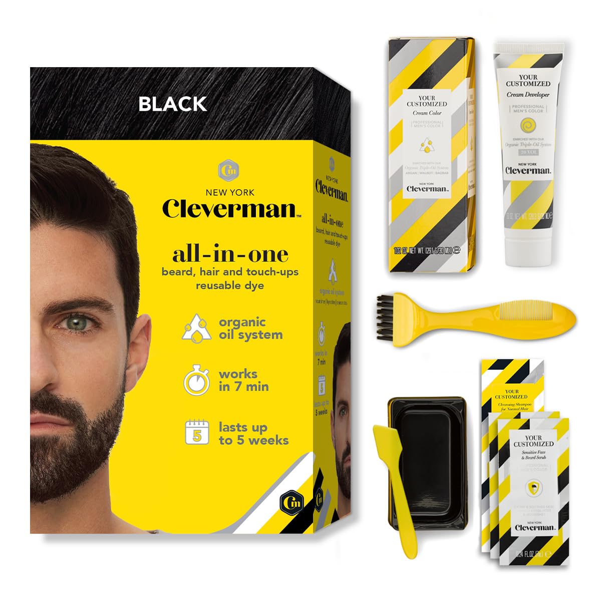 Cleverman Hair and Beard Dye for Men - All-in-One Set - Colour for Men for Natural Coverage Against Grey Hair, Professional Quality, No Ammonia, for Concealing Grey Hair, Beard