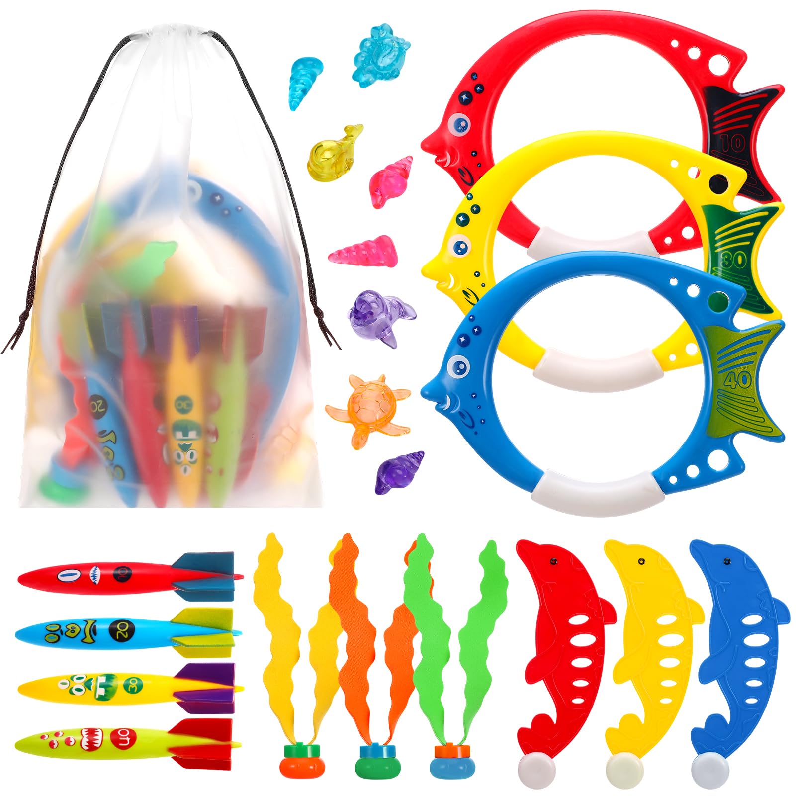 GSrenyu Diving Toys Swimming Pool, 22 Pieces Fun Swimming Pool Toy Set with Diving Rings, Torpedo, Seagrass, Marine gem Training Dive Game Toys for Kids Children
