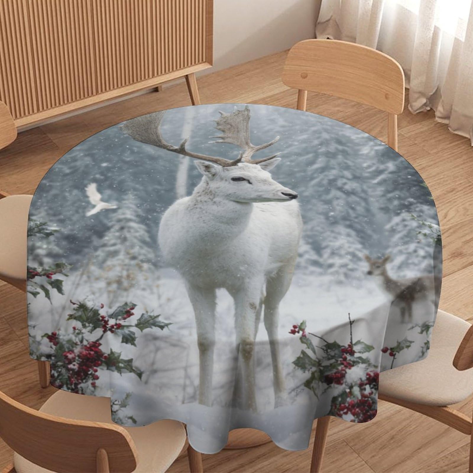 LUYYSKY Classic Abstract Animal Deer Round Tablecloth Beautiful Rustic Christmas Winter Snow Landscape Wildlife Elk Bird Washable Decor for Table Cover for Kitchen-91.4" Wx91.4 L cm