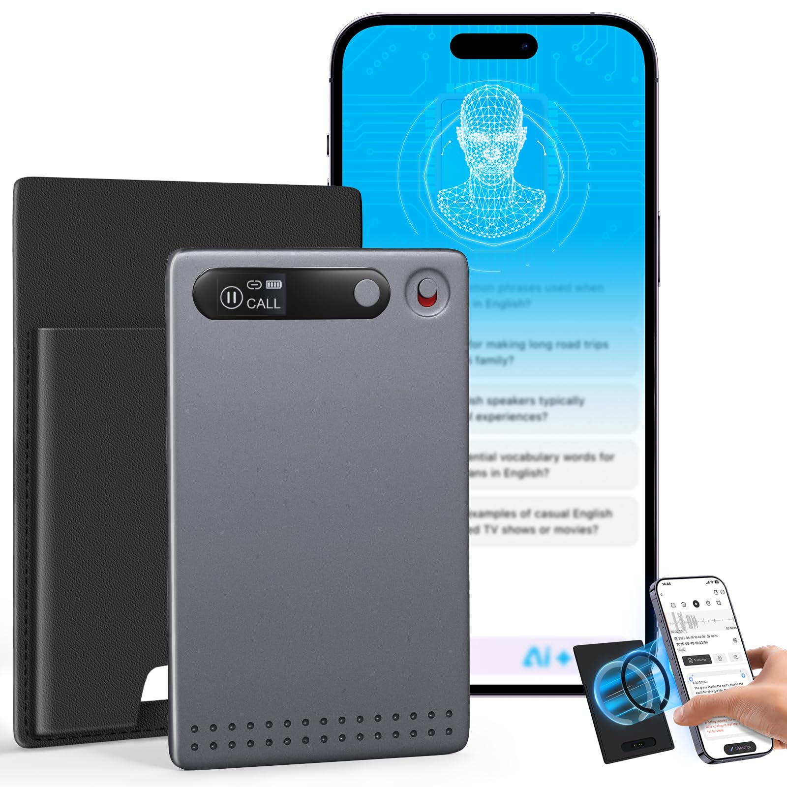 Registratore Vocale AI, 64 GB di Memoria, Controllo App, Trascrizione e Sintesi AI,Supporta 118 Lingue, Ultra Sottile e Leggero, Registratore Audio per Riunioni, Lezioni, Telefonate