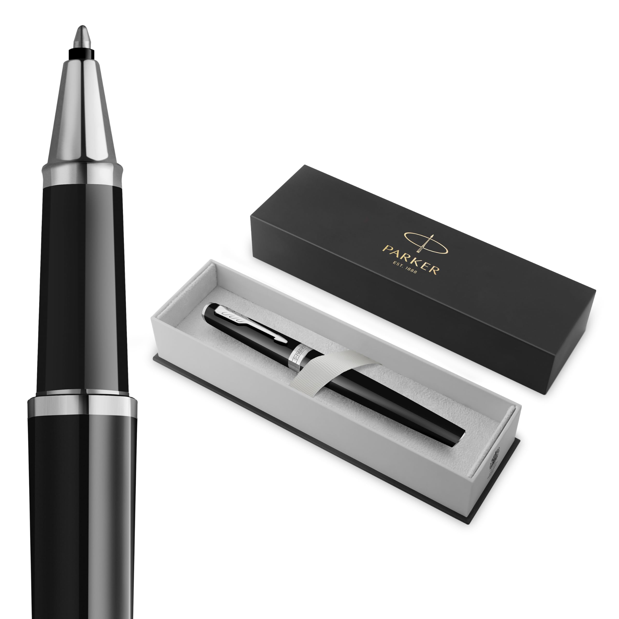 PARKER Meridian Tintenroller | Schwarzer Lack mit Chromverzierungen | Feine Spitze | Schönschreibfüller & Journaling Zubehör | Schwarze Tinte | Luxus-Geschenkbox