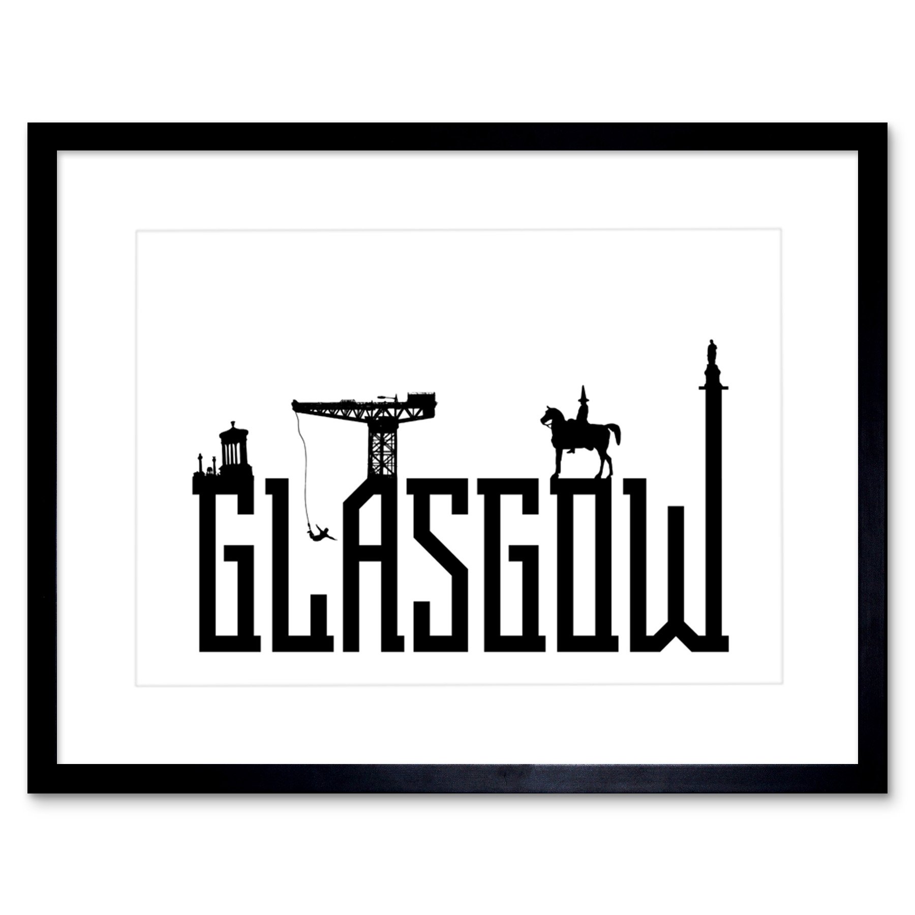 Wee Blue Coo Glasgow City Scotland Landmarks Typography Silhouettes Framed Art Print