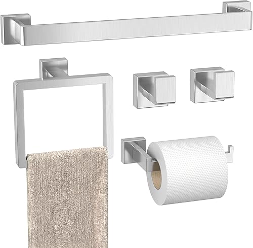 Juego de accesorios de baño con barra de toallas: 5 piezas de hardware de baño de níquel cepillado cuadrado de acero inoxidable SUS304 - 61 cm de