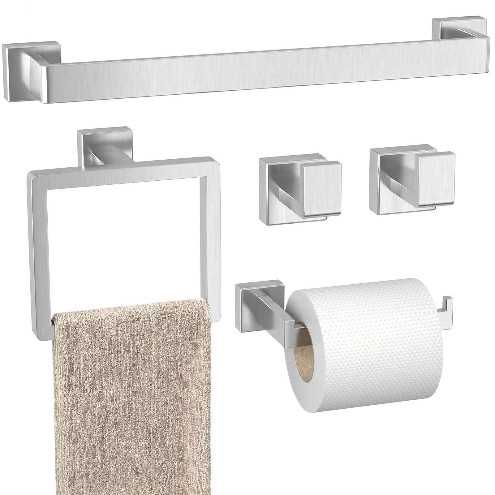 Bathroom Hardware Set Brushed Silver 5-Pieces Bathroom Towel Rack SUS304 Stainless Steel Bath Towel Bar Set, Towel Racks Wall Mounted.