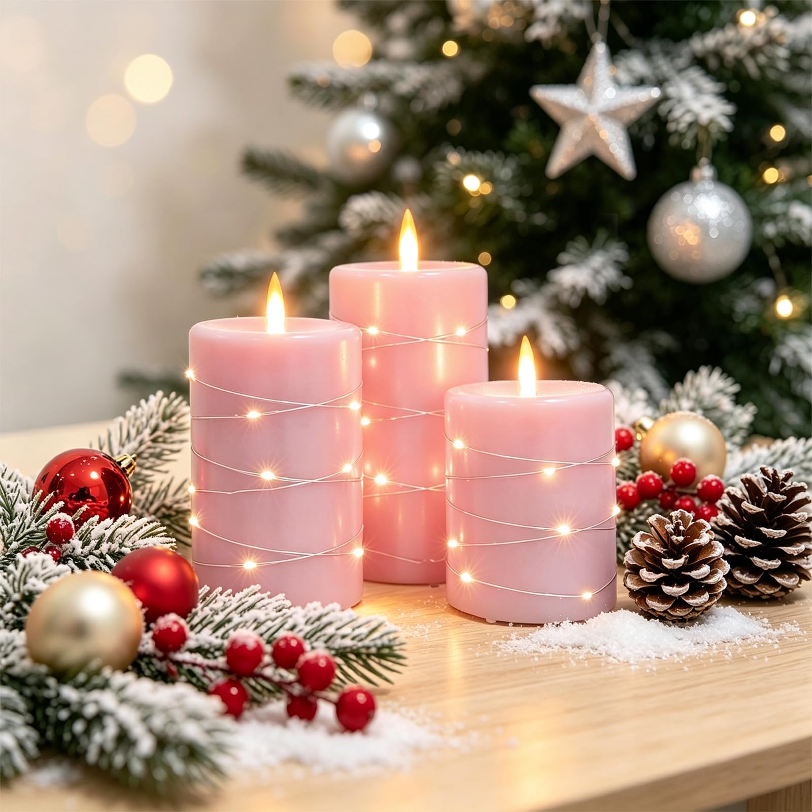 Candele LED Senza Fiamma set 3,Real Wax Pilastro Luce Candela Ricaricabili USB,con telecomando e timer Candele LED per festa, decorazione abitativa, campeggio, matrimoni (rosa)