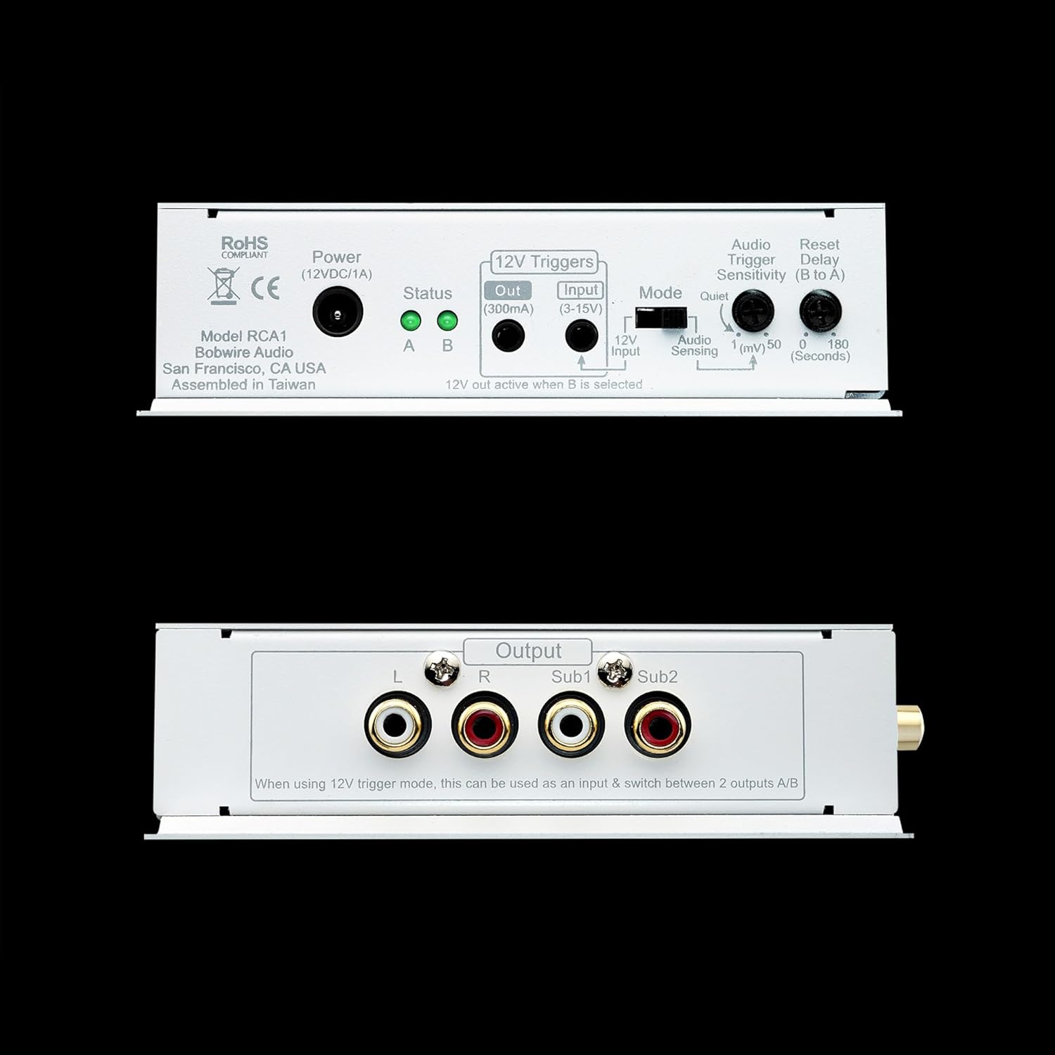 Automatic RCA Audio Selector by BobWire, Model RCA1 - Switch Operates by Audio Sensing or 12V Trigger. (Use for Home Theater Bypass, Jukebox, Karaoke & Auto Source Selection)