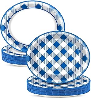Qyeahkj 50 PCS Blue and White Checkered Oval Paper Plates Large 11” Disposable Picnic Dinner Party Decorations BBQ Supplies Favor for Holiday Baby Shower Birthday Party Tableware Set