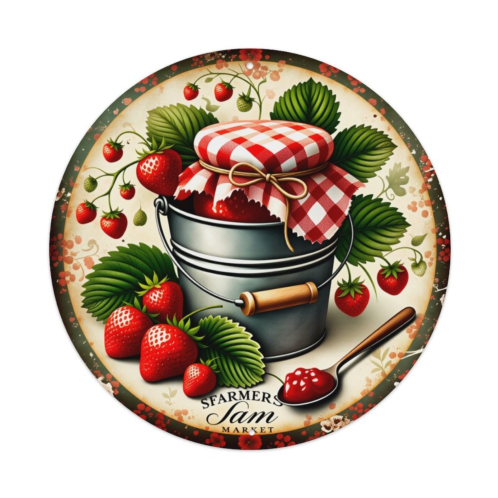 Strawberry Leaves Jar Checkered Cloth Spoon Round Vintage Tin Sign,Retro Wall Art,Metal Poster for Home, Bar, Garage, Cafe, Rustic Indoor & Outdoor Decor, 8x8 Inches