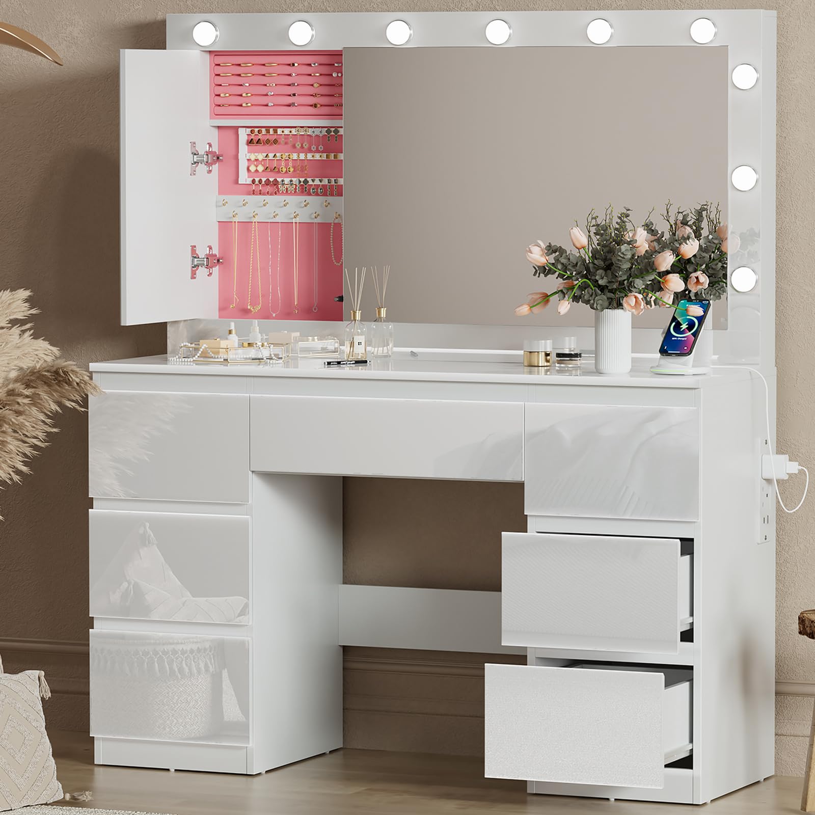 TRIUMPHKEY Schminktisch Hochglanz Weiß mit Große Spiege und LED-Beleuchtung,120x40x140cm,Frisiertisch mit 7 Schubladen,Steckdose,Schmuckschrank,für das Schlafzimmer