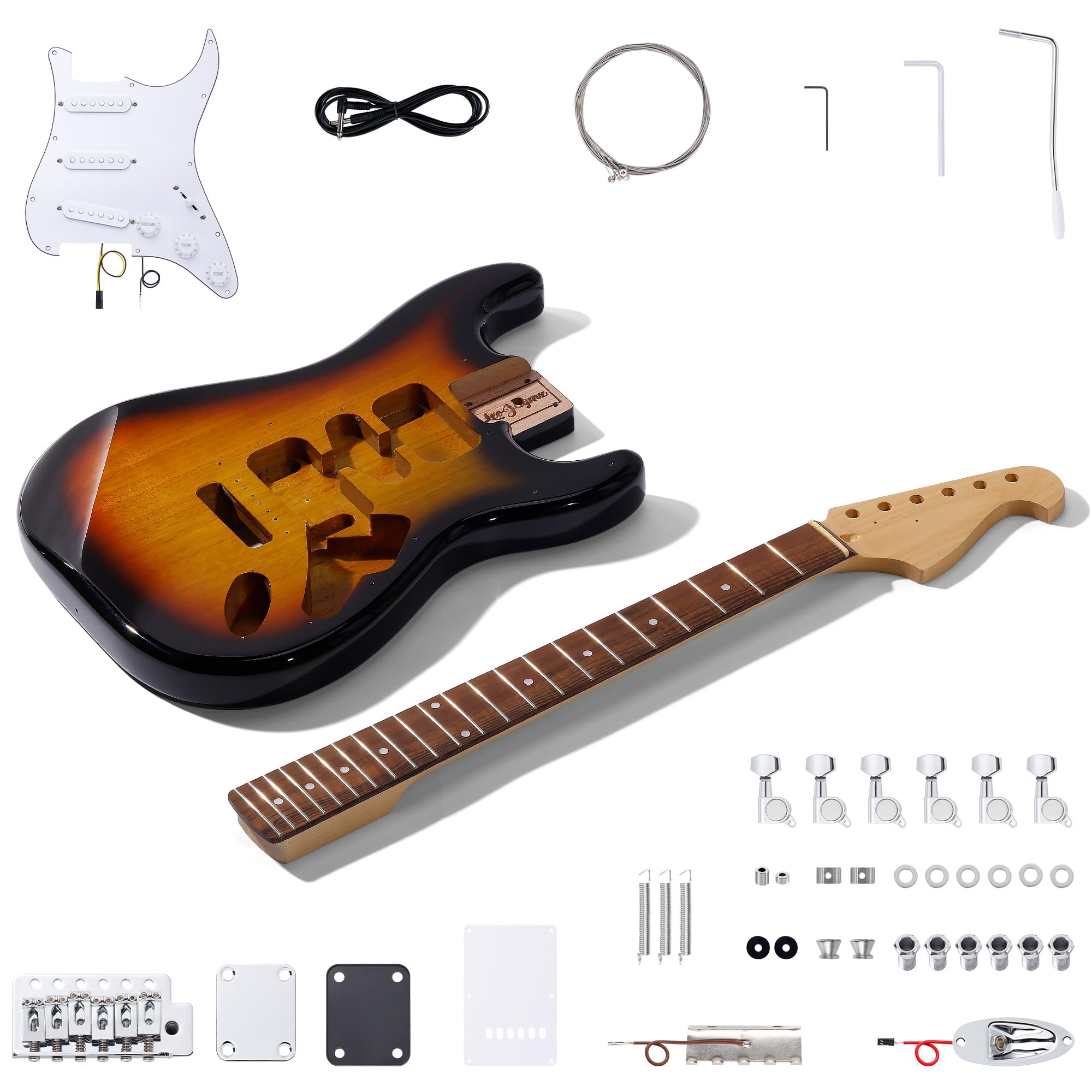 Leo Jaymz DIY ST Style Electric Guitar Kits,Spray-painted Mahogany Body,Laurel Wood Fingerboard and Maple Neck, including all Components (ST Sunburst)