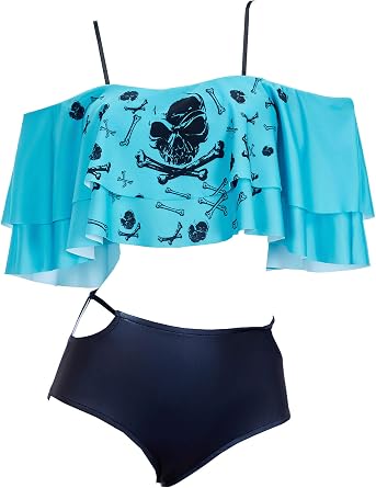 haikyuu Women Retro Goth Swimsuit Skeleton Two Piece Swimsuit Gothic Bathing Suit Flounce Off Shoulder Swimwear