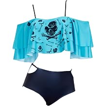 haikyuu Women Retro Goth Swimsuit Skeleton Two Piece Swimsuit Gothic Bathing Suit Flounce Off Shoulder Swimwear