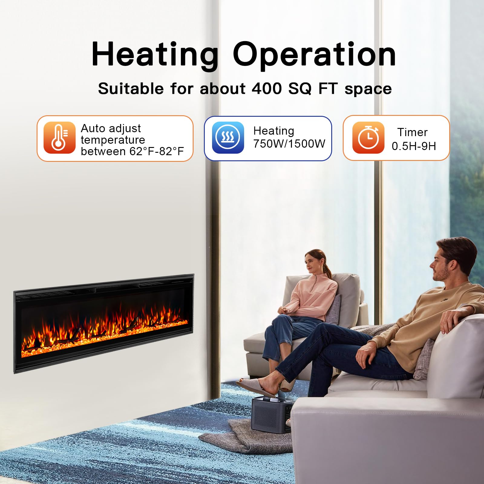 Chimenea eléctrica de 60 pulgadas, chimenea ultrafina montada en la pared con control remoto, llama realista multicolor, pantalla táctil, termostato, temporizador, 750 W/1500 W (tronco y cristal 5