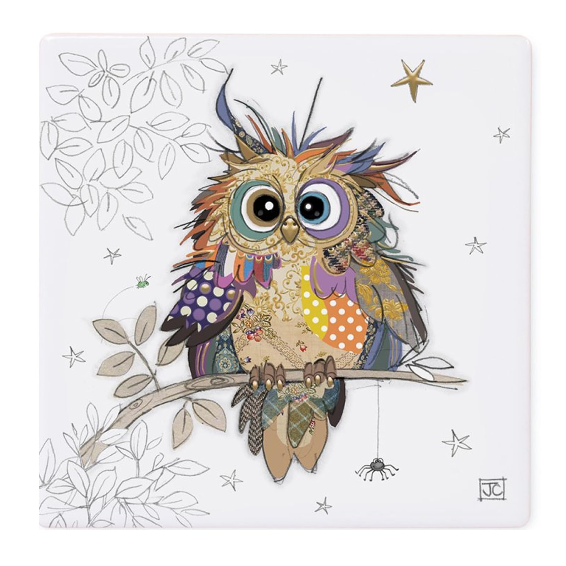 Bug Art Ceramic Coaster Tableware | for Home or Work | Cork Backed for Hot Drinks | Designed By Bug Art | Coasters (Otto Owl 2290)