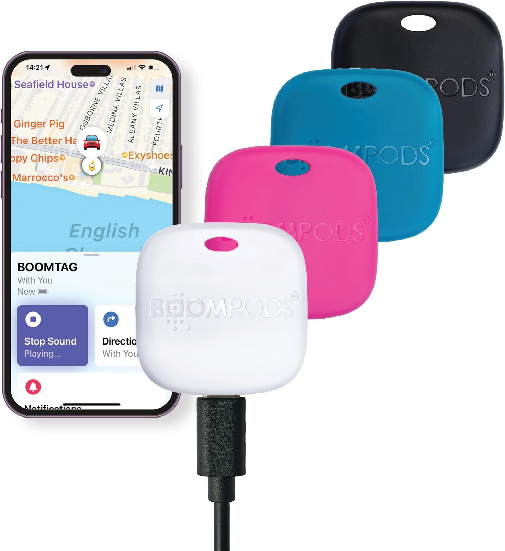 Boomtag Rechargeable Bluetooth Tracker Tag, 4 Pack - Smart Tracking Device for Children, Luggage & Pet, Compatible with Apple Find My App, Wallet and Key Finder with Extended Battery Life