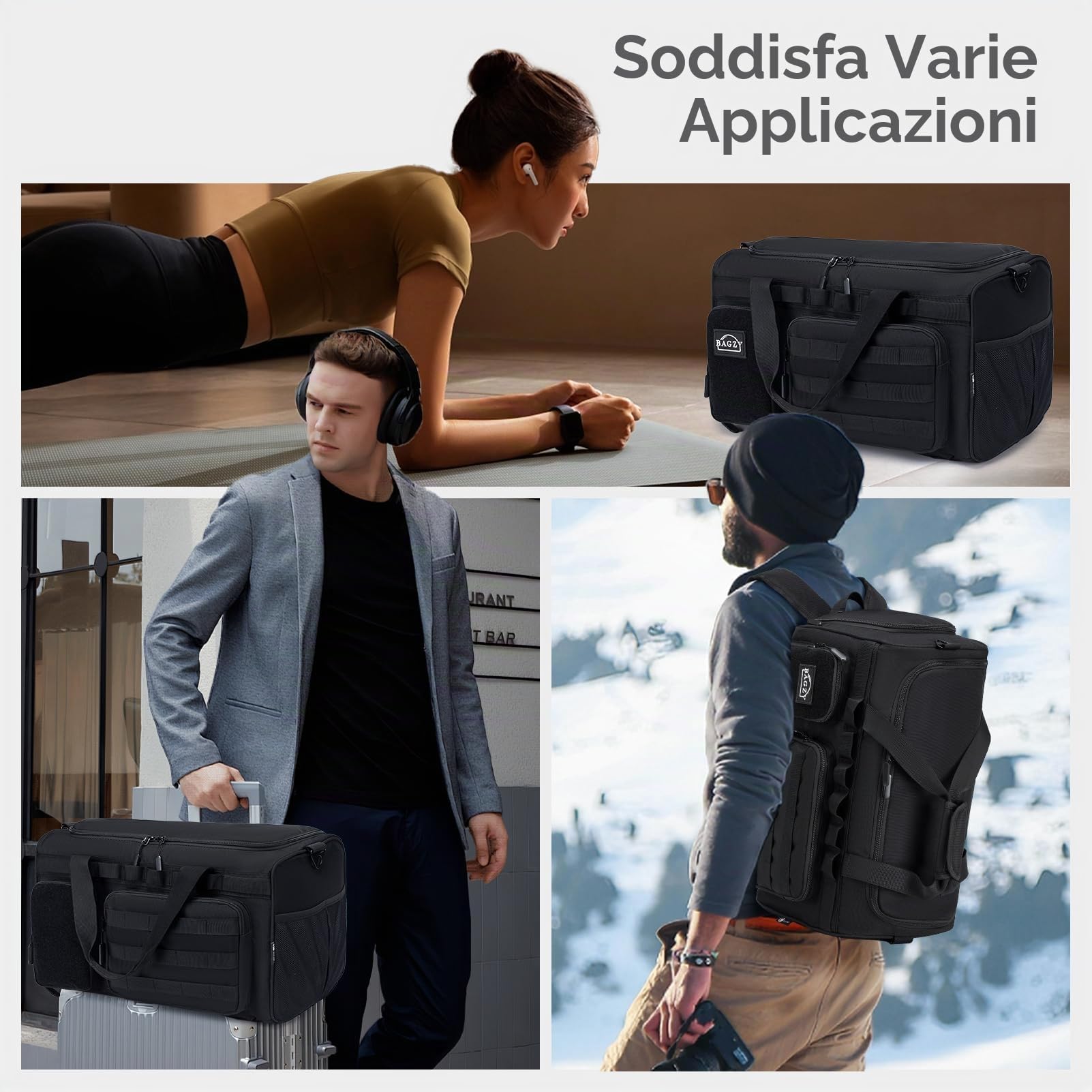 BAGZY 3 in 1 Borsone Palestra Uomo Impermeabile 40 Litri Borsa Sportiva Donna Borsone da Viaggio Tattica Militare Con Scomparto per Scarpe per Fitness Weekender Camping Con Borsa per Toilette Nero