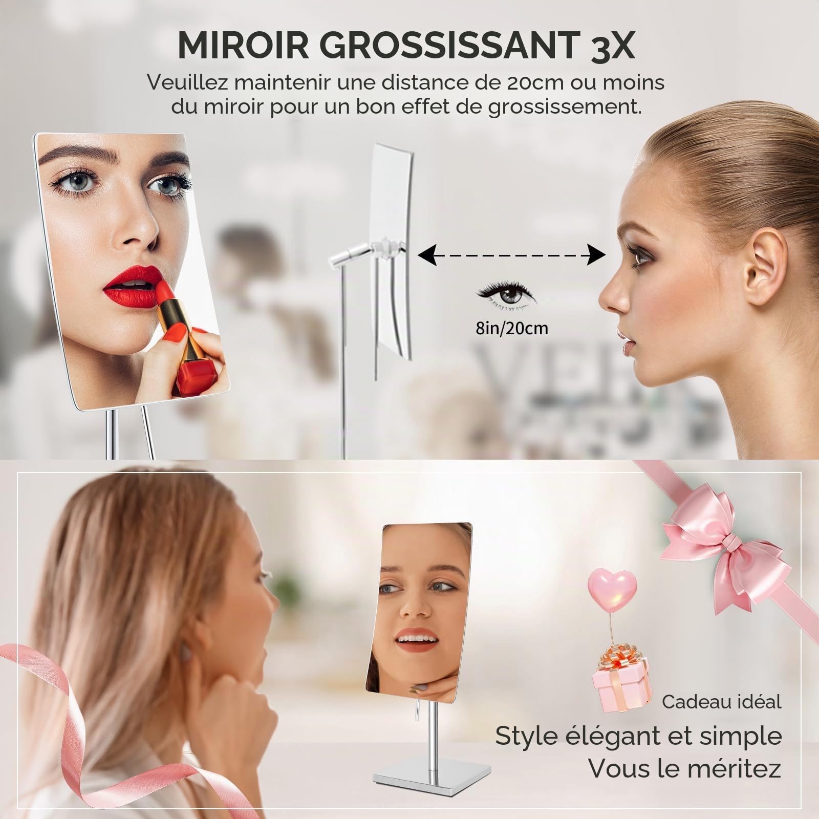 Nicesail Miroir de Table Salle de Bain Miroir Grossissant sur Pied x3 Argent Miroir Maquillage Rectangulaire Parfait pour Maquillage, Rasage et Hôtels