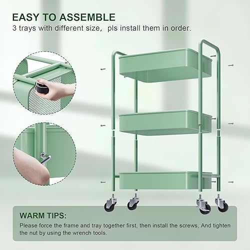 Miniatura 9 de Carrito de almacenamiento de 3 niveles de metal con ruedas, carritos verdes para pañales para bebé, organizador de carrito de manualidades de tres