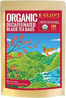 GLDNT Organic Decaf Black Tea Bags, Organic Black Tea Decaffeinated, Smooth Taste, Iced & Hot Tea, 100 Count