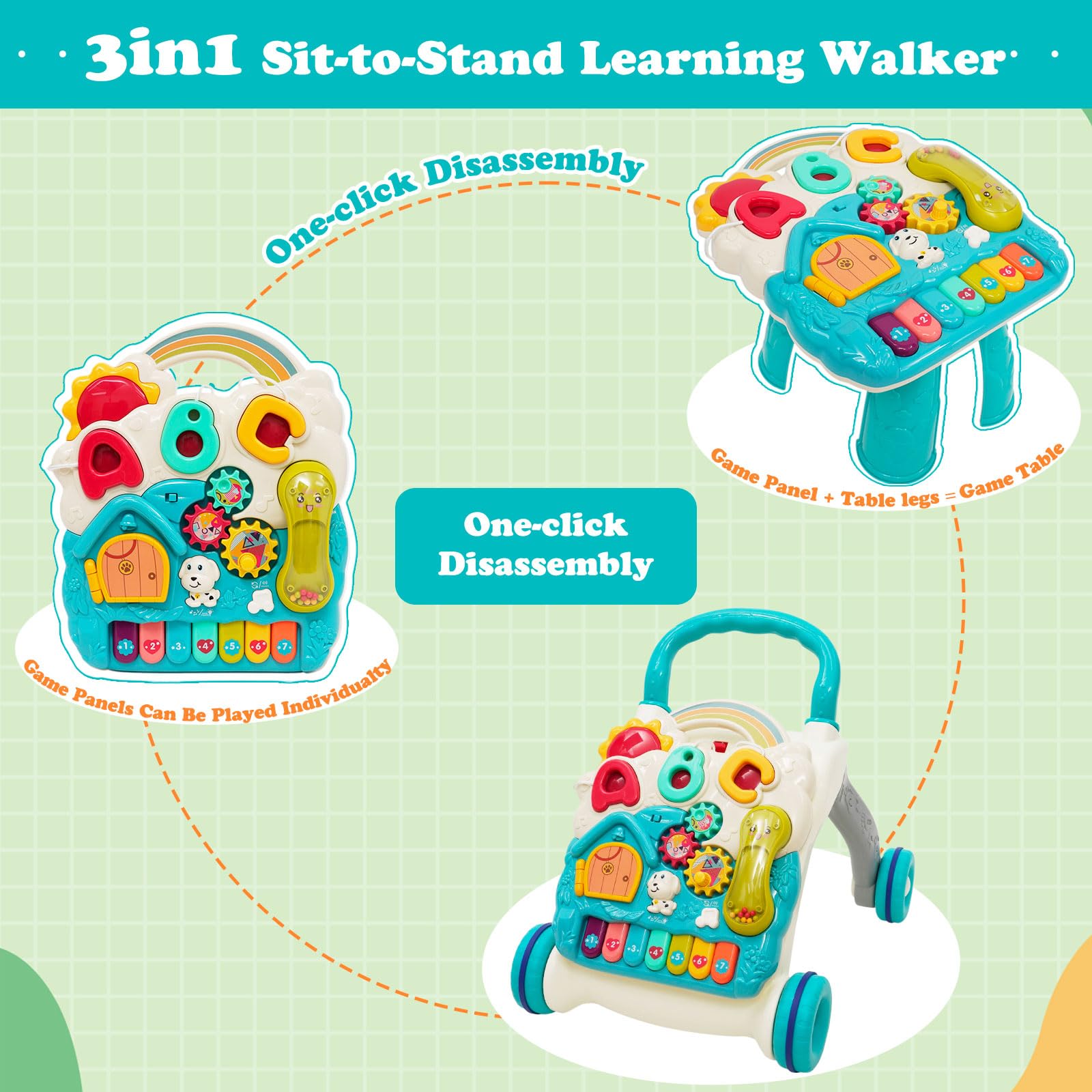 Carrello Primi Passi 3 In 1 Arkyomi Per Bambini 9+ Mesi - Giochi Musicali E Forme