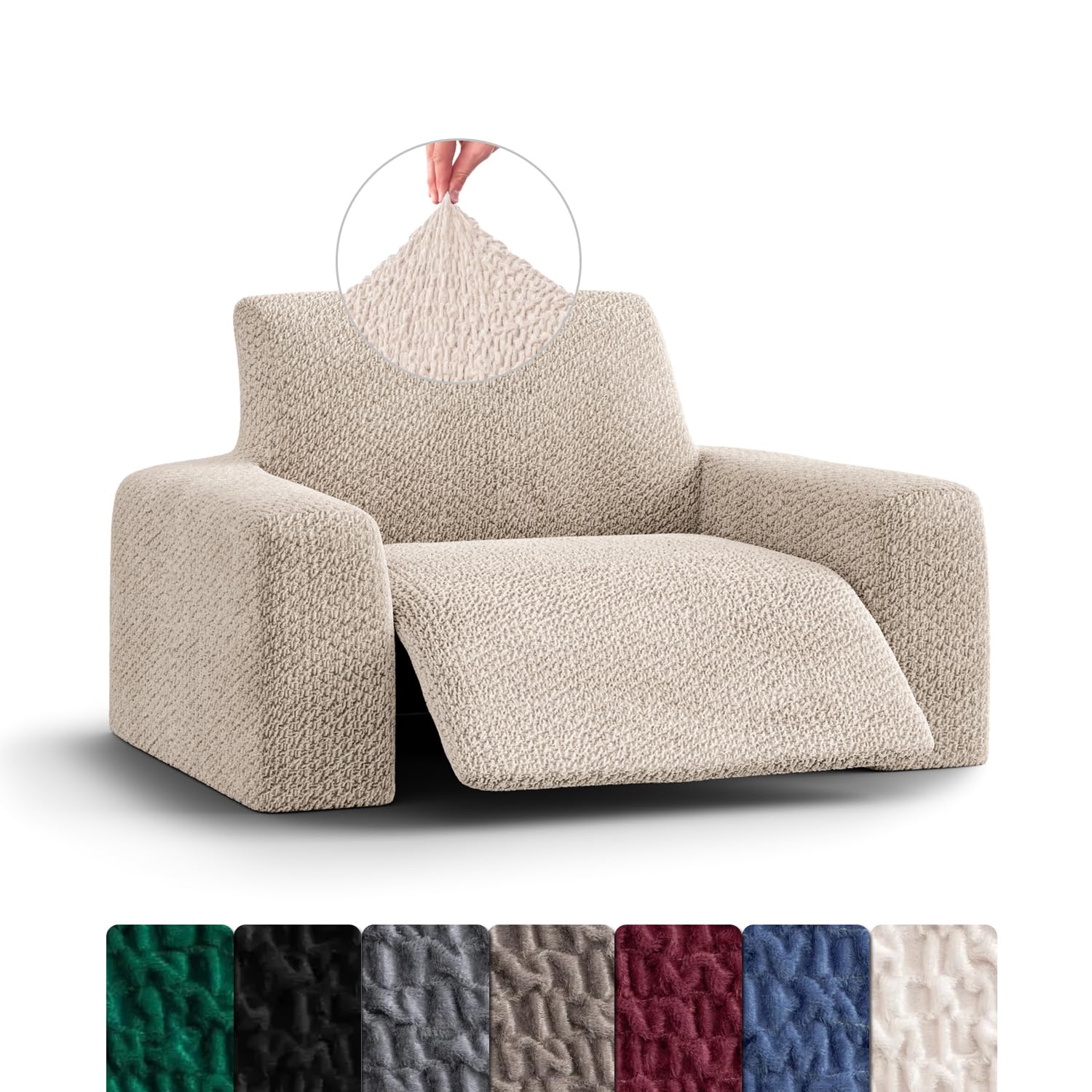 Menotti Velvet Recliner Chair Cover - Premium Reclining Chair Cover - Armchair Slipcover - Soft Fabric Slip cover - Made in Italy - Velvet (Beige, Recliner)