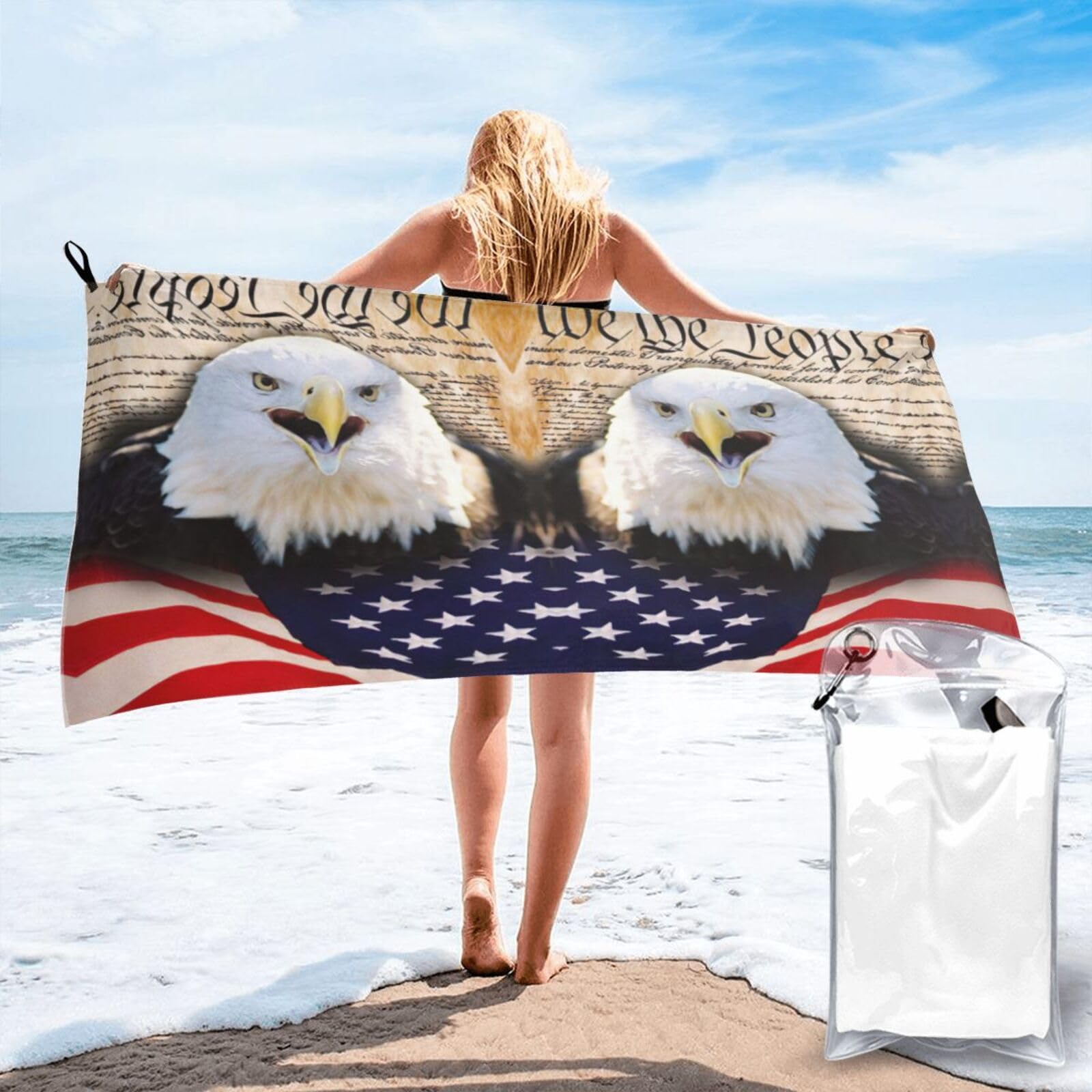 KAPPTYY Patriotic Bald Eagle With American Flag Print Quick Dry Towel Bath Shower Beach Wrap For Gym Vacation Adults