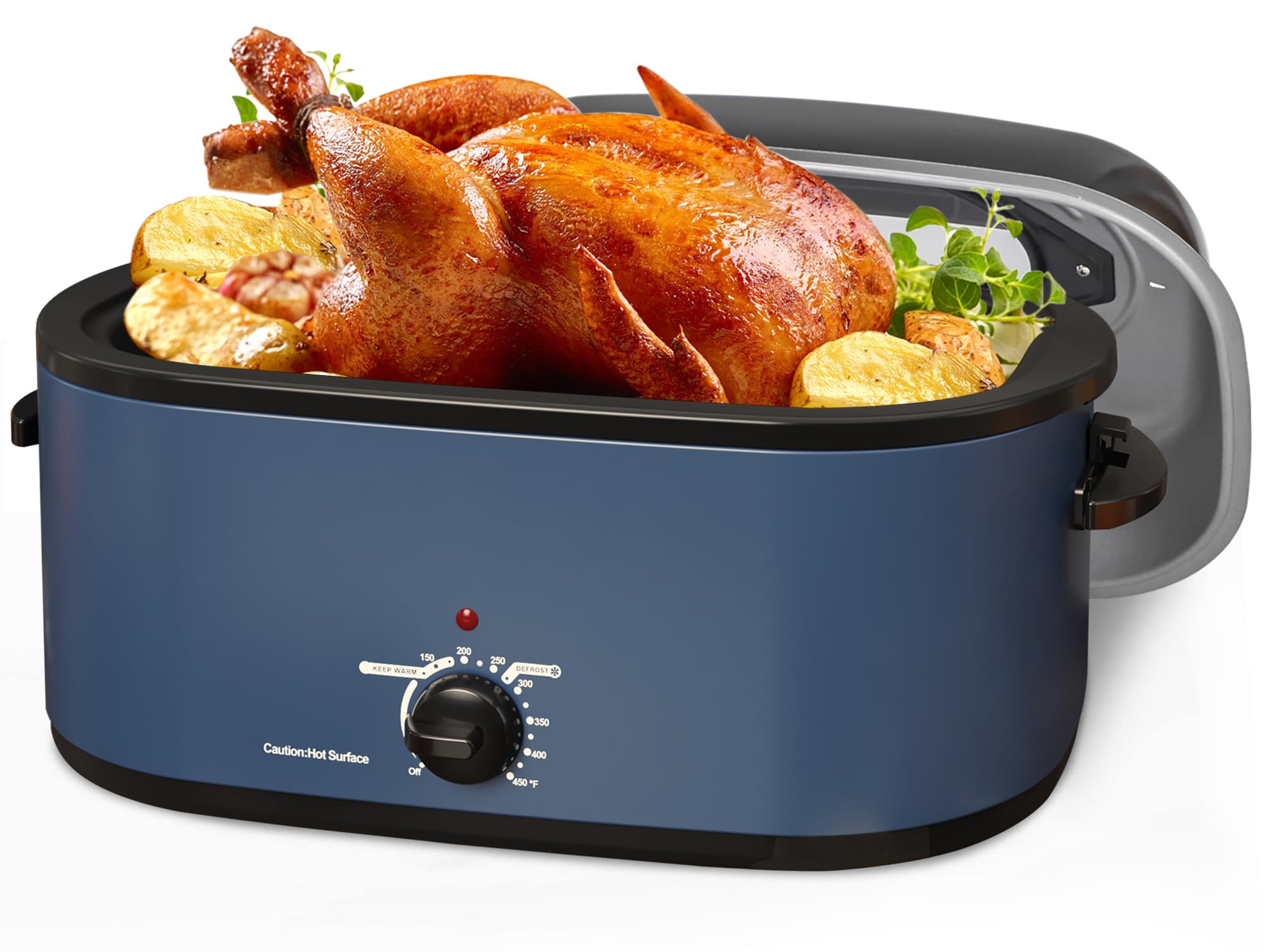 22 Quart Electric Turkey Roaster Oven with Removable Pan Large Stainless Steel Roaster, Visible & Self-basting Lid, Fast Heating & Thaw/warming Setting, Blue