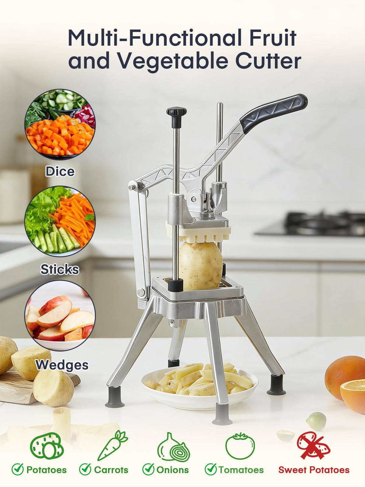 FOHERE ProductoCortador de Patatas Manual Profesional de Acero Inoxidable – Utensilio de Cocina para Restaurantes – 4 Rejillas de Repuesto (13/9/6 mm) + Sacador de Manzana 6 Gajos