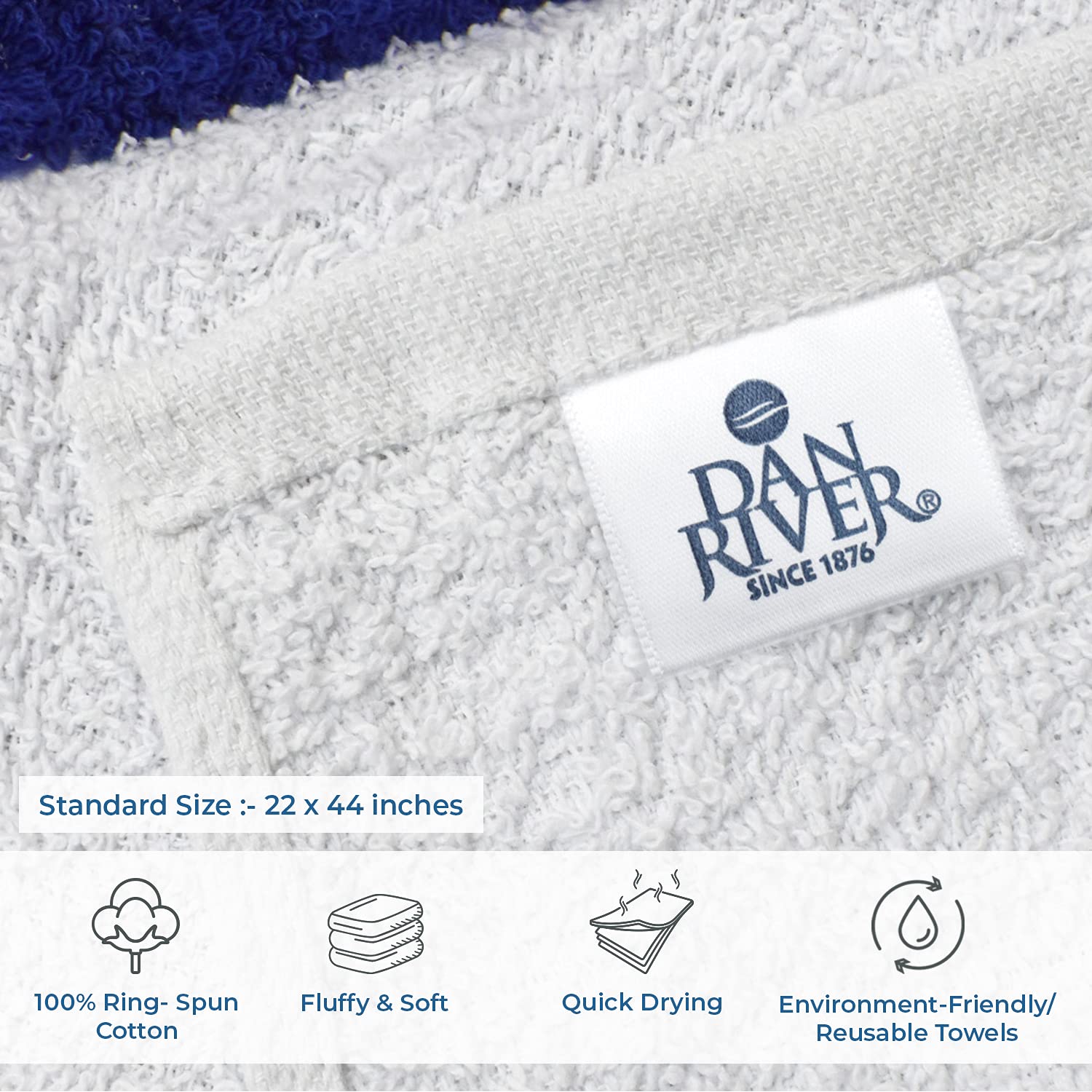 DAN RIVER Paquete de 6 toallas de baño de 22 x 44 pulgadas, súper suaves, altamente absorbentes, ligeras, de secado rápido, toallas de hotel para baño, hogar, gimnasio y spa, 400 GSM, azul y blanco