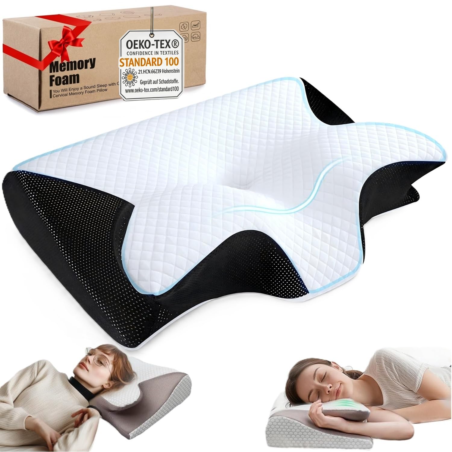 Almohada Cervicales y Cuello, Almohada con Memoria Viscoelástica de Rebote Lento, Almohada Ortopedica, Almohada Cervical Ergonómica para Dormir de Lado y Boca Arriba. (Negro)