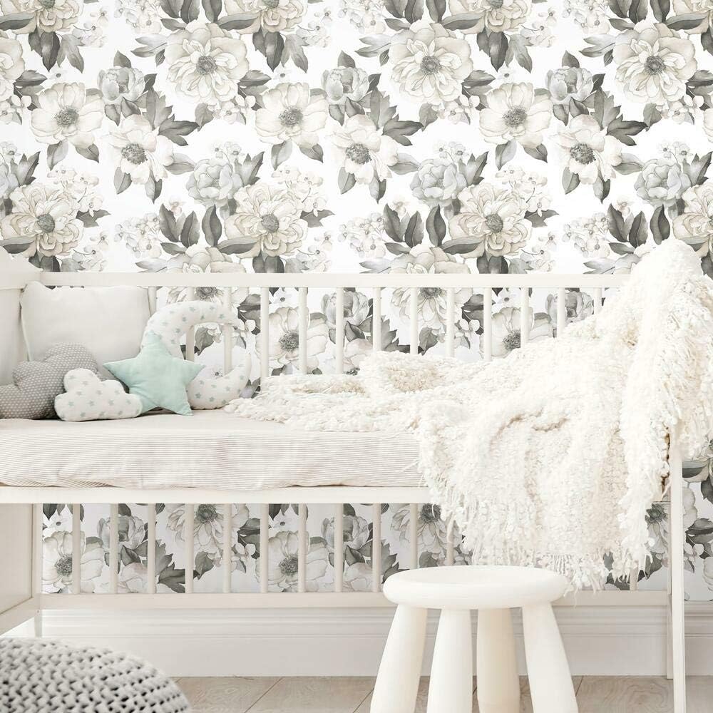 RoomMates RMK11445RL Gray Watercolor Floral Bouquet Peel and Stick Wallpaper