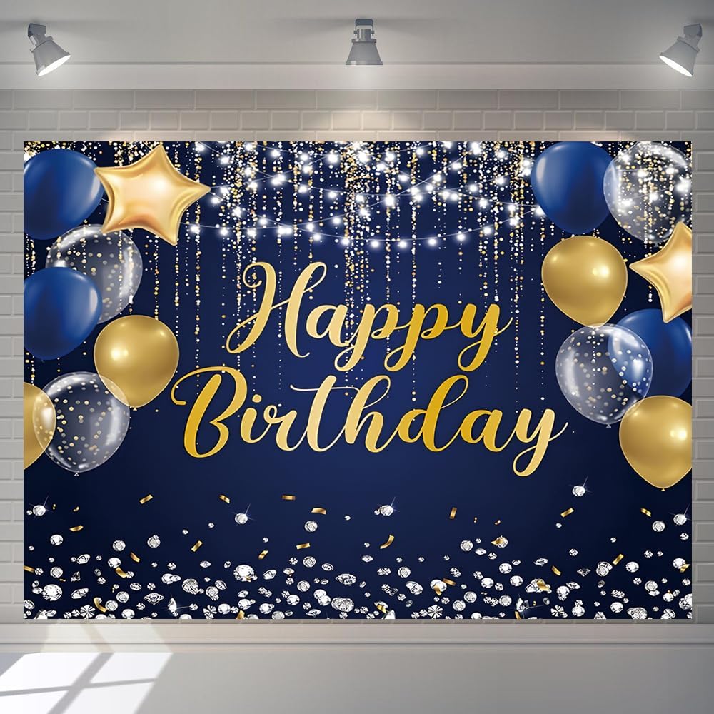 Happy Birthday Backdrop 7x5ft for Men Boys Navy Blue and Gold Happy Birthday Banner Decorations Large Birthday Party Photo Background Poster for Women Girls Supplies Polyester Fabric