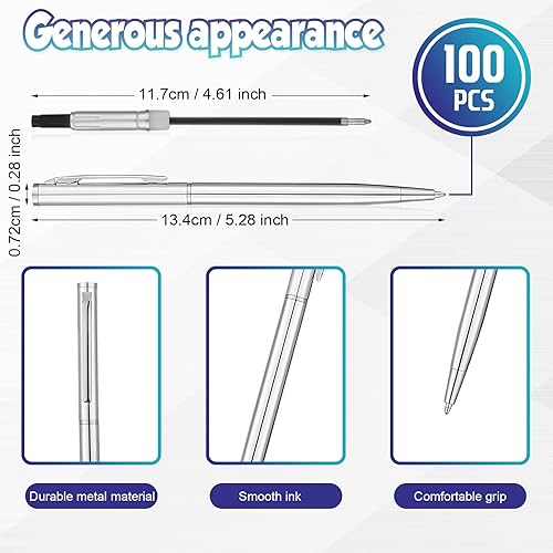 Miniatura 2 de 100 bolígrafos de metal delgado plateado de 0.039 pulgadas (0.039 in), punta media, tinta negra, escritura suave, bolígrafos retráctiles para