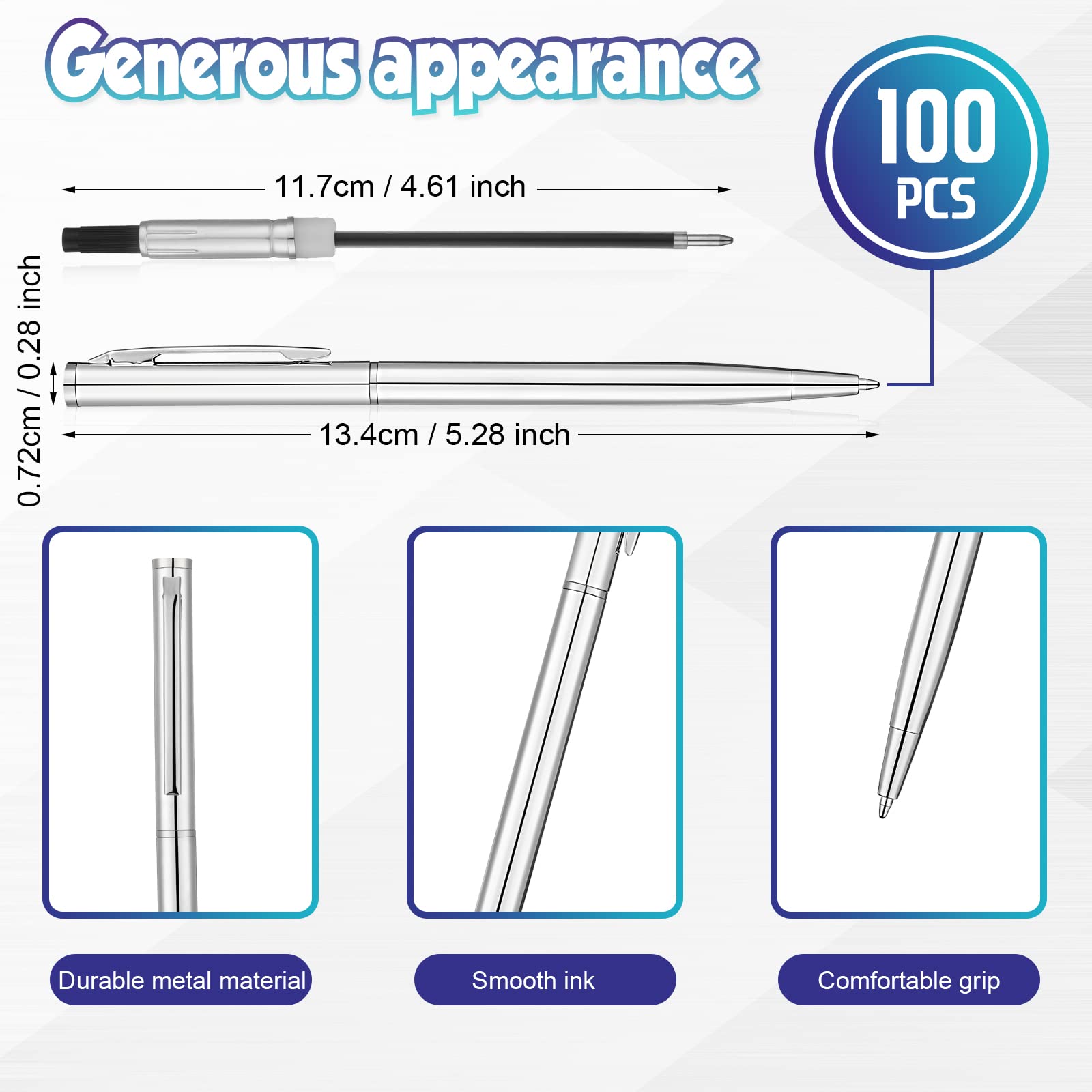 100 Stück Sliver Slim Metall Kugelschreiber 1mm Mittlere Spitze Metallstift Schwarze Tinte Glattes Schreiben Silberstift Einziehbare Kugelschreiber für Büro Business Studenten Lehrer Hochzeit Gast