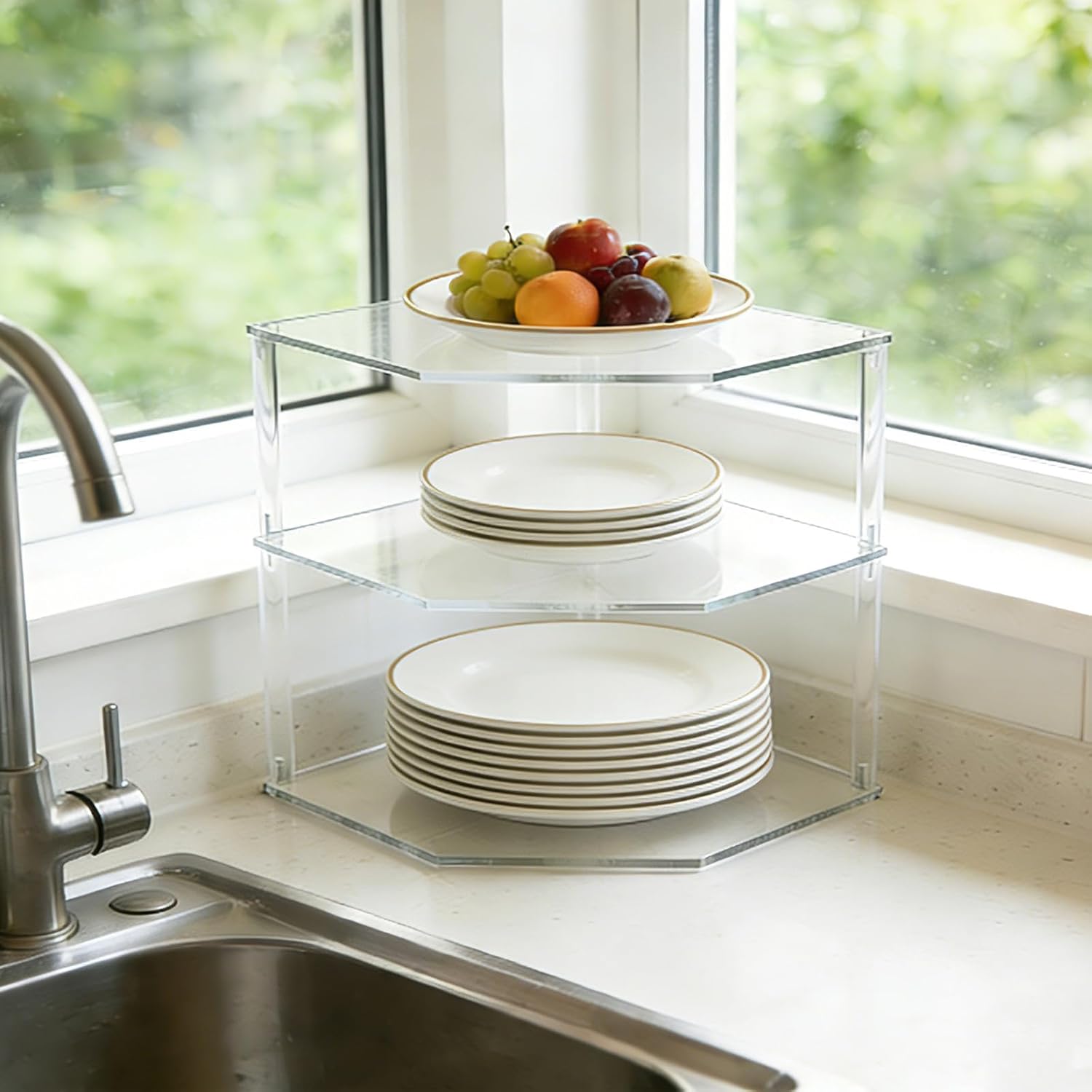3-Tier Clear Acrylic Corner Shelf for Dishes - Plate Organizer for Cabinet Space Saver, Bowls & Dinner Plates, Kitchen Cabinet Plate Holder & Small Shelf for Bathroom Storage