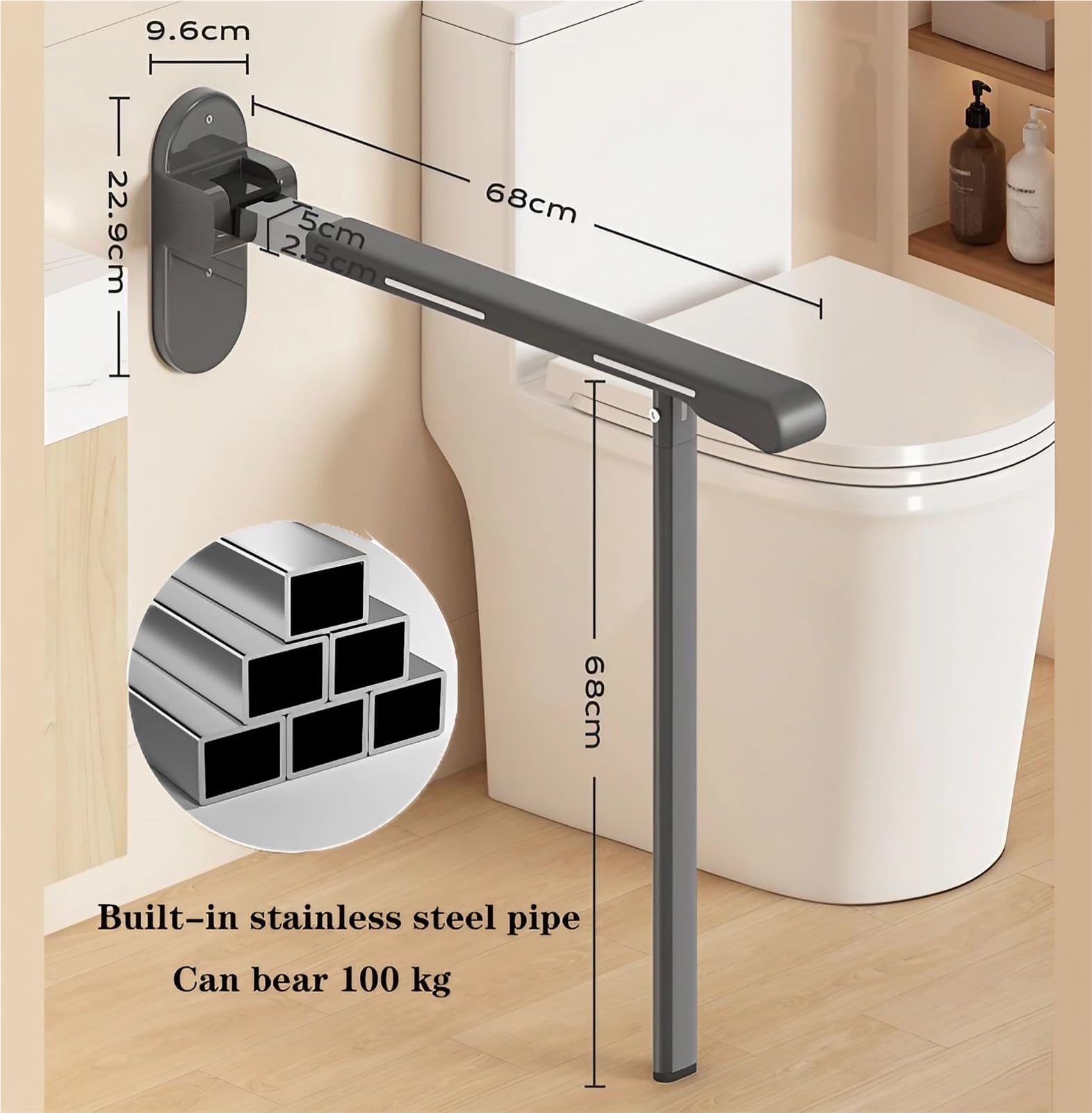 Agarraderas Baño para Mayores y Minusválidos - Barras De Agarre WC/Inodoro Plegables con Tira Luminosa - Safety Frame De Montaje Lateral para Pared, Ducha Y Toilet - Reposabrazos Abatibles