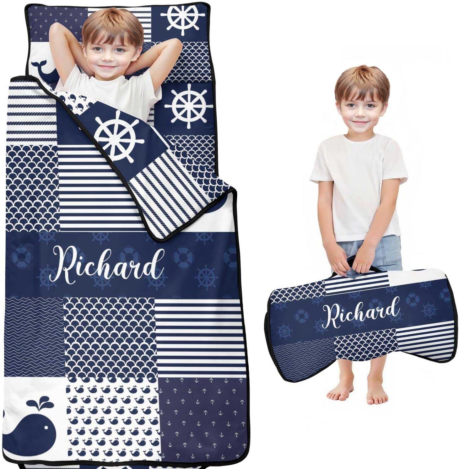 Personalized Toddler Nap Mat with Name – Custom Patchwork Design Sleeping Bag with Pillow & Blanket for Boys – Ideal Slumber Bags for Daycare, Preschool & Kindergarten