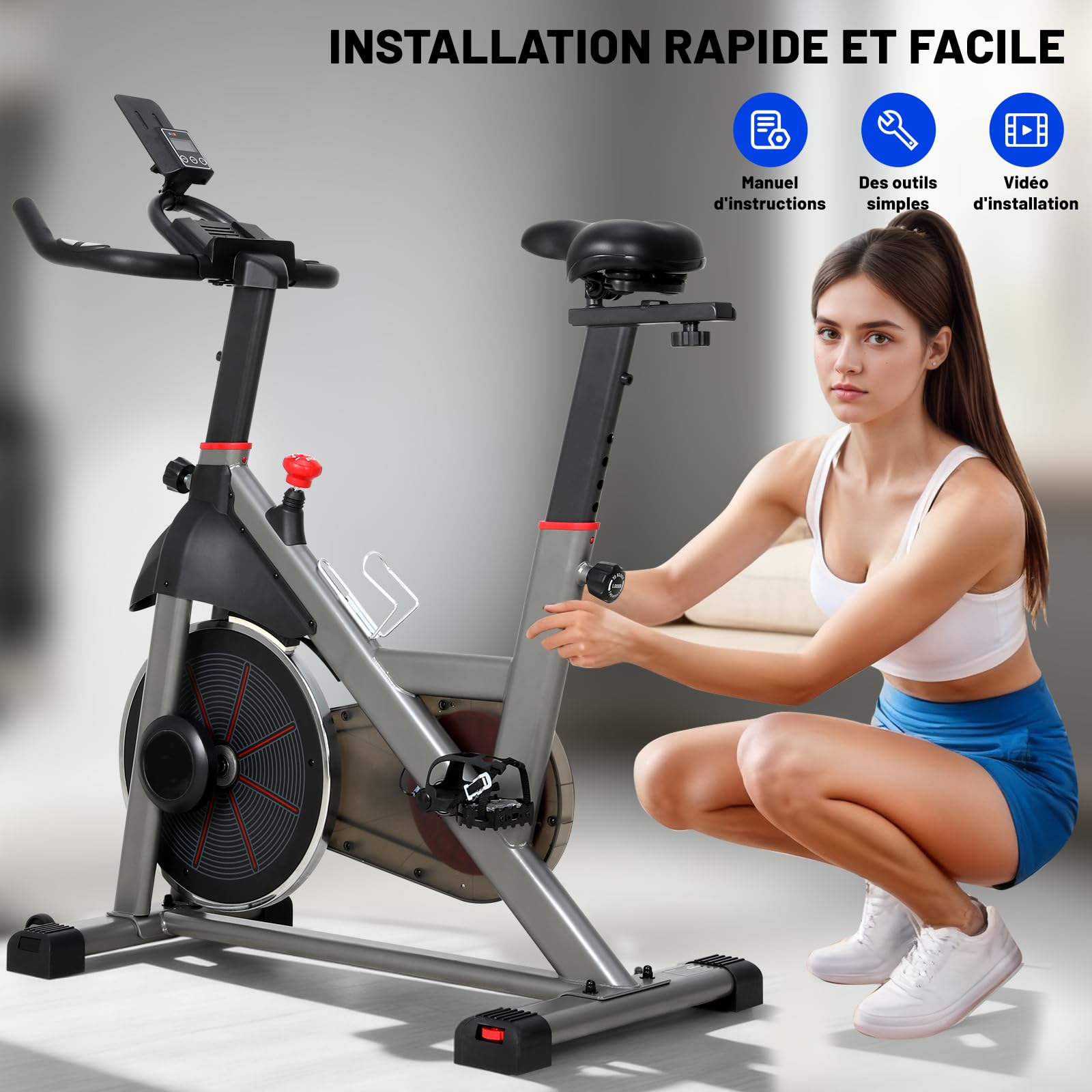 Vélo d'Appartement avec Résistance Ajustable et Silencieuse, Volant d'Inertie 8KG, Vélo d Appartement d'Entraînement Professionnel Écran LED, Impulsion, Velo Appartement avec Selle Réglable