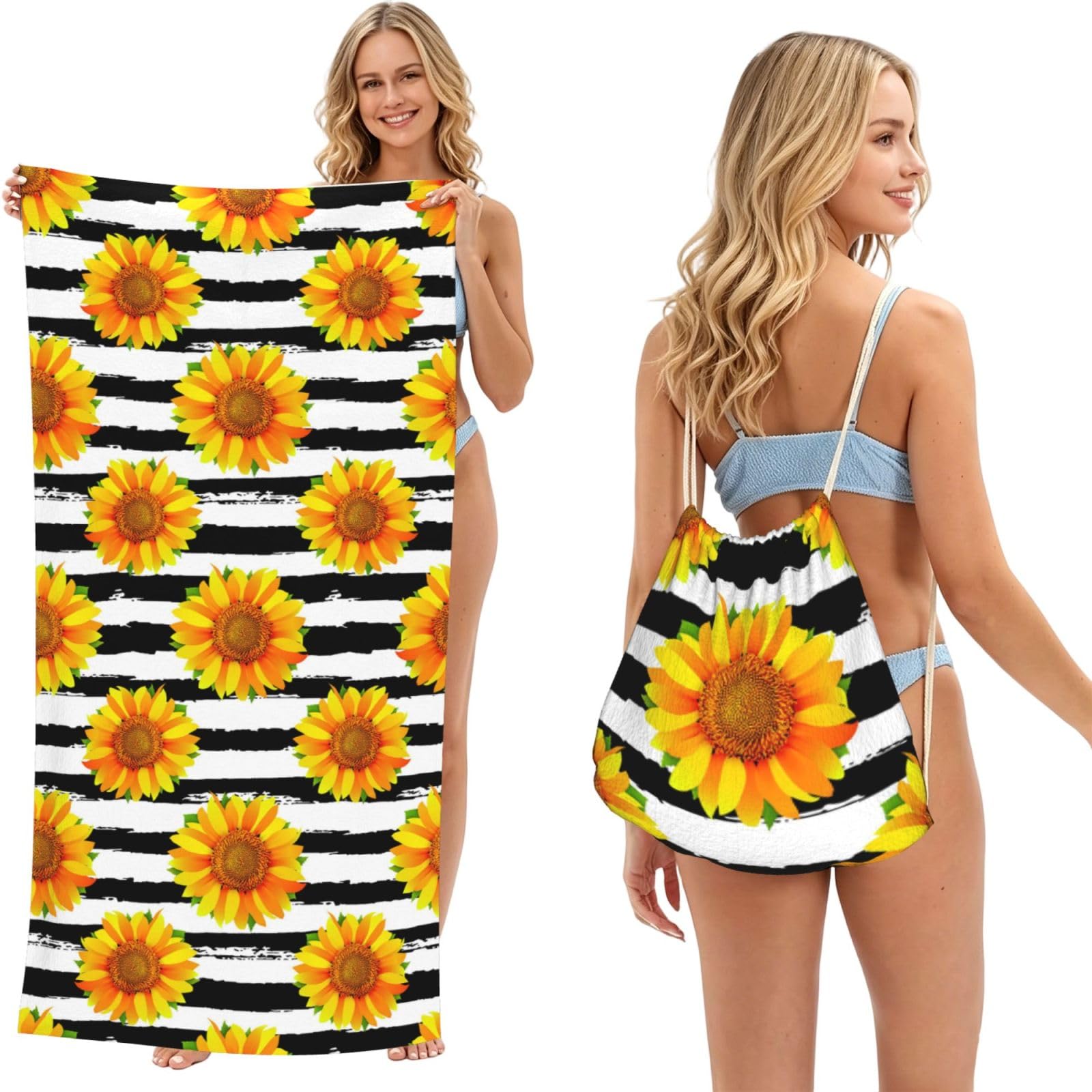 Poadnly As Picture Sunflowers On Black And White Stripes Background, 2 In 1 Packable Towel Bag, Beach Towels With Drawstring Backpack For Travel Holiday Camping